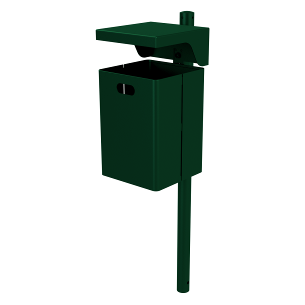Square litter bin with cover | hot dipped galvanized and coated RAL 6005 | with standingpost 60x1300mm